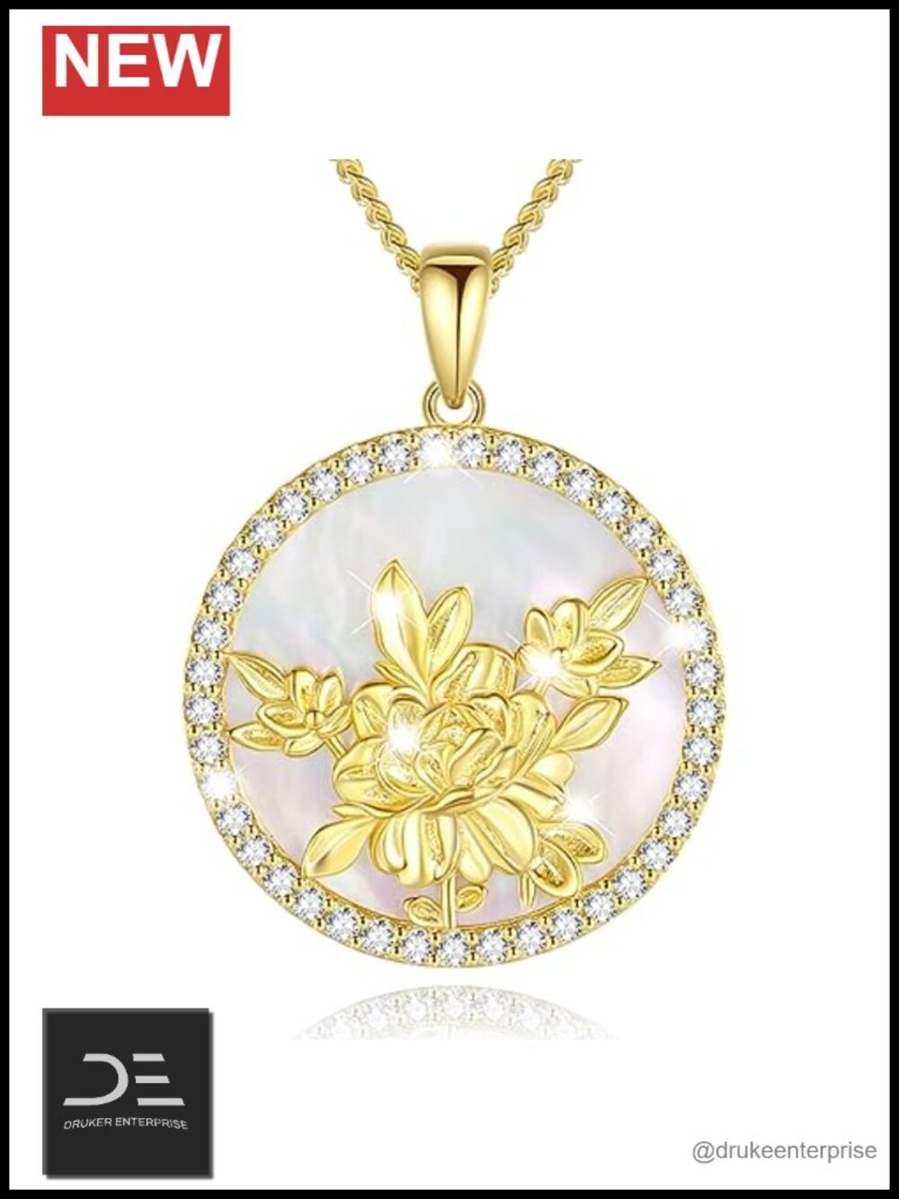Sterling Silver Gold Plated Birth Flower Pendant Necklace, Mother of Pearl CZ
